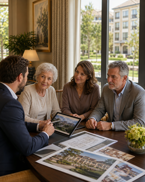 Care family and investor conversation reviewing senior housing plans