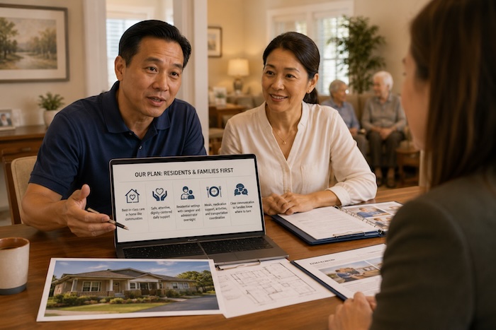 Families reviewing residential-care support and communication