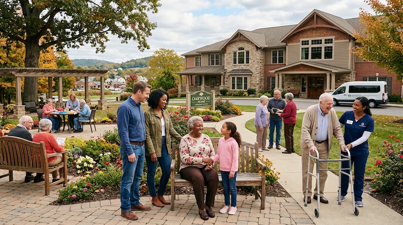 Families and residents outside an assisted-living community