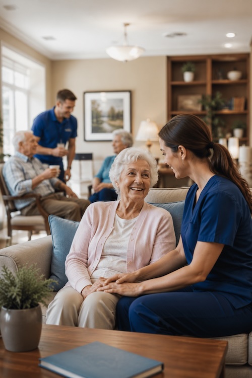 Care team supporting a resident in an assisted-living community